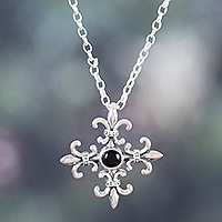 Onyx pendant necklace, 'Midnight Fleur-De-Lis' - Polished Fleur-De-Lis Onyx Pendant Necklace from India