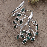 Onyx cocktail ring, 'Glorious Greenery' - Leaf-Themed Sterling Silver & Green Onyx Cocktail Wrap Ring