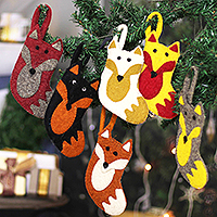 Wool ornaments, 'Fox Portraits' (set of 6) - Set of 6 Handmade Warm-Toned Wool and Cotton Fox Ornaments