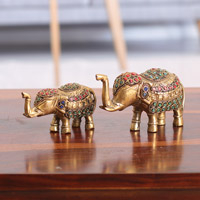 Beaded brass sculptures, 'Royal Sages' (Set of 2) - Set of 2 Golden-Toned Brass Elephant Sculptures with Beads