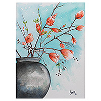 'Orange Blossoms' - Nature-Themed Blue Impressionist Watercolor Painting