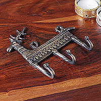 Brass key rack, 'Palatial Reindeer' - Reindeer-Shaped Copper-Plated Brass Key Rack from India