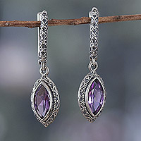 Amethyst dangle earrings, 'Sage Damsel' - Four-Carat Marquise-Shaped Faceted Amethyst Dangle Earrings