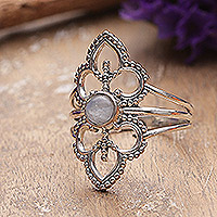 Rainbow moonstone cocktail ring, 'Misty Divinity' - Polished Floral Natural Rainbow Moonstone Cocktail Ring