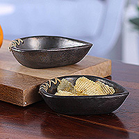 Ceramic bowls, 'Drop Saga' (pair) - Pair of Handcrafted Drop-Shaped Black Ceramic Bowls