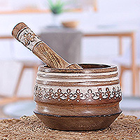 Wood mortar and pestle, 'Rustic Flavor' - Floral-Themed Wood Mortar & Pestle with Distressed Finish