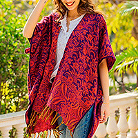 Woven ruana, 'Red Floral' - Red and Purple Open Front Fringed Ruana