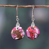 Composite turquoise dangle earrings, 'Moon of Sweetness' - Pink and Red Round Composite Turquoise Dangle Earrings