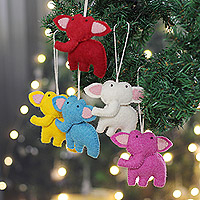Wool felt ornaments, 'Adorable Giants' (set of 5) - Set of 5 Handcrafted Wool Felt Elephant Ornaments from India
