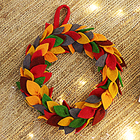 Wool felt wreath, 'Homey Foliage' - Handcrafted Leafy Wool Felt Wreath in Orange and Red Hues