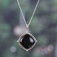 Onyx pendant necklace, 'Nocturnal Affair' - Polished Diamond-Shaped Onyx Cabochon Pendant Necklace