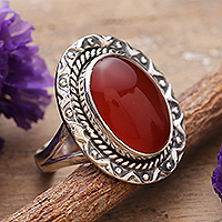 Carnelian cocktail ring, 'Flaming Glam' - Traditional Natural Carnelian Cabochon Cocktail Ring