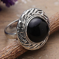 Onyx cocktail ring, 'Enigmatic Lady' - Polished Modern Onyx Cabochon Cocktail Ring from India