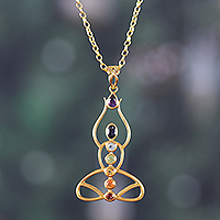 Multi-gemstone pendant necklace, 'Triumphant Mind' - 22k Gold-Plated Multi-Gemstone Chakra Pendant Necklace