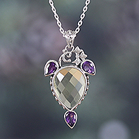 Quartz and amethyst pendant necklace, 'Wise Harmony' - Nine-Carat Pendant Necklace with Lemon Quartz & Amethyst