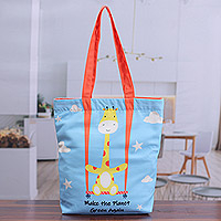 Cotton tote bag, 'Swing for the Planet' - Printed Inspirational Giraffe-Themed Blue Cotton Tote Bag