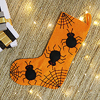 Wool felt stocking, 'Spooky Presents' - Halloween-Themed Orange Wool Felt Stocking from India