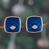 Moissanite button earrings, 'Regal Vow' - Rhodium-Plated Blue Moissanite Button Earrings from India