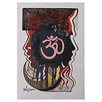 'Omkar' - Signed Expressionist Dark-Toned Acrylic Om Painting