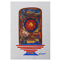'Sakti Kunj' - Signed Expressionist Red and Blue Acrylic Abstract Painting