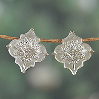 Rhodium-plated sterling silver drop earrings, 'Lotus Reign' - Lotus-Themed Classic Polished Sterling Silver Drop Earrings