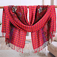 Wool shawl, 'Glorious Scenes' - Loomed Checkered Paisley Red and Purple Wool Shawl