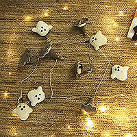 Wool felt garland, 'Hats & Ghosts' - Witch Hat and Ghost-Themed Grey and White Wool Felt Garland