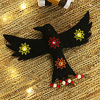 Wool felt wall accent, 'Spooky Wings' - Handmade Raven-Themed Black Wool Felt Wall Accent with Bells