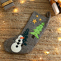 Applique wool felt beaded Christmas stocking, 'Holiday Splendor' - Grey Applique Wool Felt Beaded Snowman Christmas Stocking