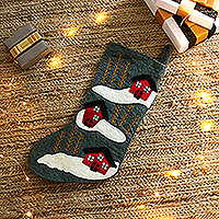 Applique wool felt Christmas stocking, 'Homey Season' - Whimsical Applique Wool Felt Christmas Stocking in Grey