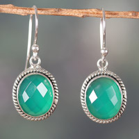 Onyx dangle earrings, 'Abundance Call' - Ten-Carat Checkerboard Green Onyx Dangle Earrings from India