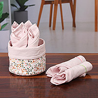 Cotton napkins and basket, 'Gentle Pink' (set of 6) - Set of 6 Pink Cotton Napkins with Floral White Basket