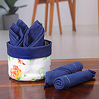 Cotton napkins and basket, 'Gentle Blue' (set of 6) - Set of 6 Blue Cotton Napkins with Floral White Basket