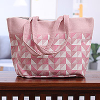 Cotton tote bag, 'Pink Geometry' - Pink & White Screen-Printed Geometric Themed Cotton Tote Bag