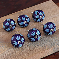 Ceramic knobs, 'Midnight Foliage' (set of 6) - Set of Six Hand-Painted Leafy Round Blue Ceramic Knobs