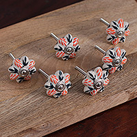 Ceramic knobs, 'Flower Sunshine' (set of 6) - Set of Six Hand-Painted Leafy Flower-Shaped Ceramic Knobs