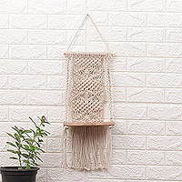 Cotton macrame hanging shelf, 'Cascade of Serenity' - Handwoven Wood and Beige Cotton Macrame Hanging Shelf