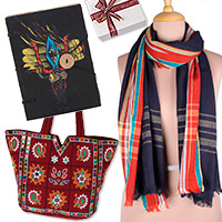 Curated gift set, 'Enchanted Midnight' - Handcrafted and Handwoven Red and Blue Curated Gift Set