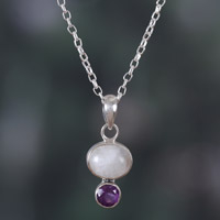 Rainbow moonstone and amethyst pendant necklace, 'Sage's Harmony' - Natural Rainbow Moonstone and Amethyst Pendant Necklace