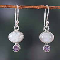 Rainbow moonstone and amethyst dangle earrings, 'Sage's Harmony' - Natural Rainbow Moonstone and Amethyst Dangle Earrings