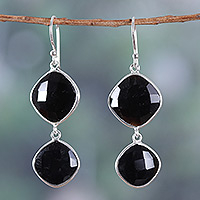 Onyx dangle earrings, 'Magical Kites' - Polished 53-Carat Faceted Onyx Dangle Earrings from India