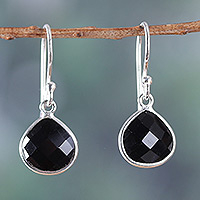 Onyx dangle earrings, 'Night Whispers' - Polished 7-Carat Faceted Onyx Dangle Earrings from India