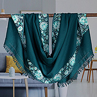 Wool shawl, 'Teal Glory' - Floral Embroidered Wool and Rayon Shawl in Teal Hues
