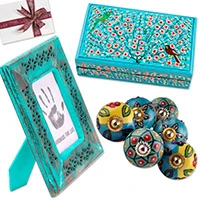 Curated gift set, 'Charm of India' - Curated Gift Set with 6 Knobs Photo Frame and Decorative Box