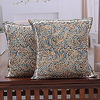 Cotton applique cushion covers, 'Blue Elegance' (pair) - 2 Ivory Blue Black Kalamkari Applique Cotton Cushion Covers
