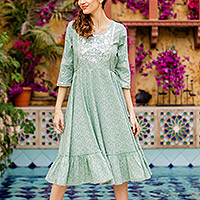 Embroidered cotton dress, 'Sage Harmony' - Indian Floral Embroidered Cotton Dress in Sage