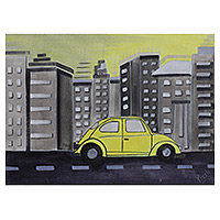 'Car Series II' - Signed Impressionist Yellow-Toned Acrylic Cityscape Painting