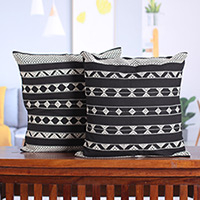 Cotton cushion covers, 'Midnight Geometry' (pair) - Patterned Black and White Cotton Cushion Covers (Pair)