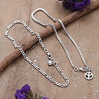 Cultured pearl and sterling silver anklets, 'Pearly Peace' (set of 2) - Peace-Themed Sterling Silver and Pearl Anklets (Set of 2)