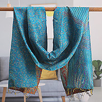 Reversible silk scarf, 'Floral Worlds' - Kantha Embroidered Cyan and Sunrise Reversible Silk Scarf